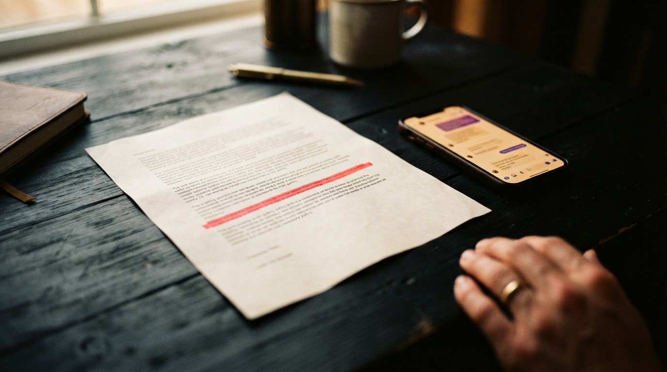 A printed ad policy page on a dark desk with one line marked in red highlighter, next to a glowing phone screen.