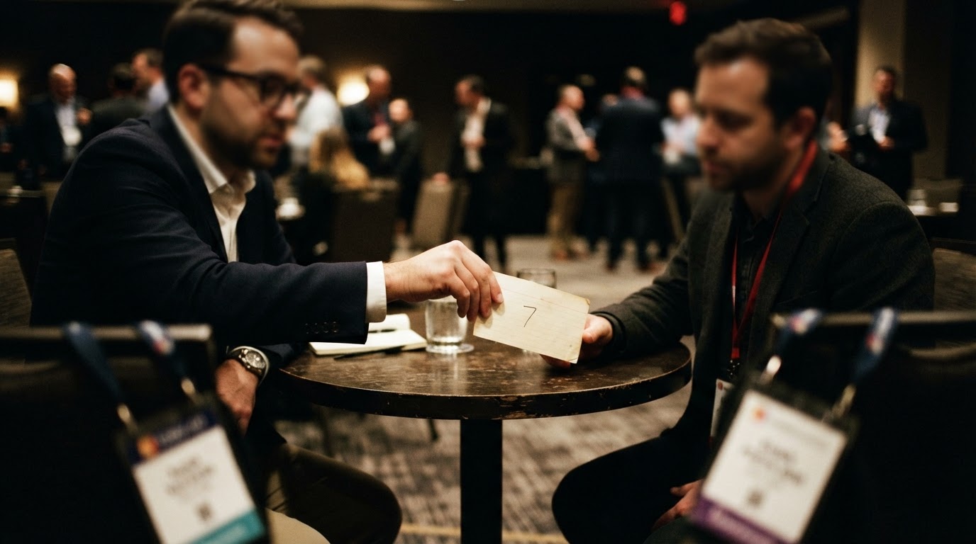 Two people at a small table in a conference room, one passing a card with a number across to the other.