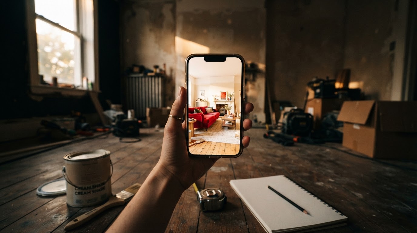 A hand holding a phone showing a redesigned room, held up inside the real unfinished room