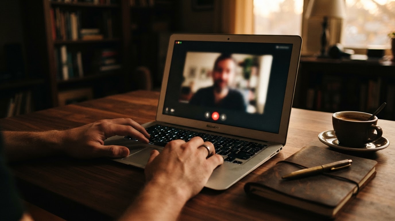 Hands at a laptop showing a video consultation booking screen on a warm wooden desk