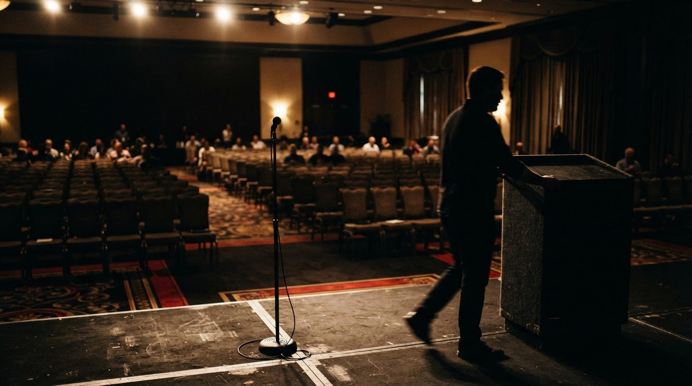 A microphone stand on stage facing rows of chairs in a warmly lit hotel ballroom, an anonymous speaker silhouetted at the edge of frame.