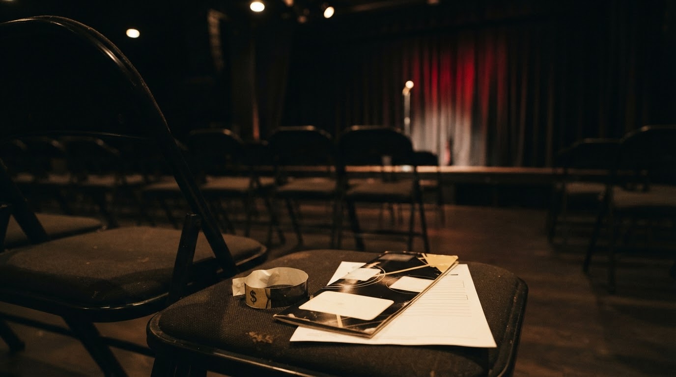Empty arena seating after an event, with a cheap paper wristband and an enrollment brochure left on a chair in the foreground