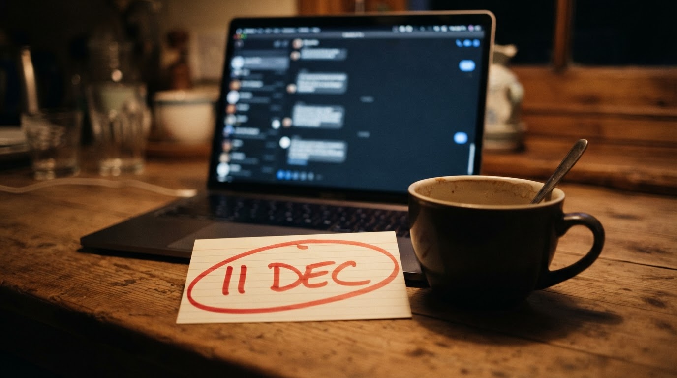 A laptop open on a kitchen table beside a handwritten card reading 11 DEC circled in red marker.
