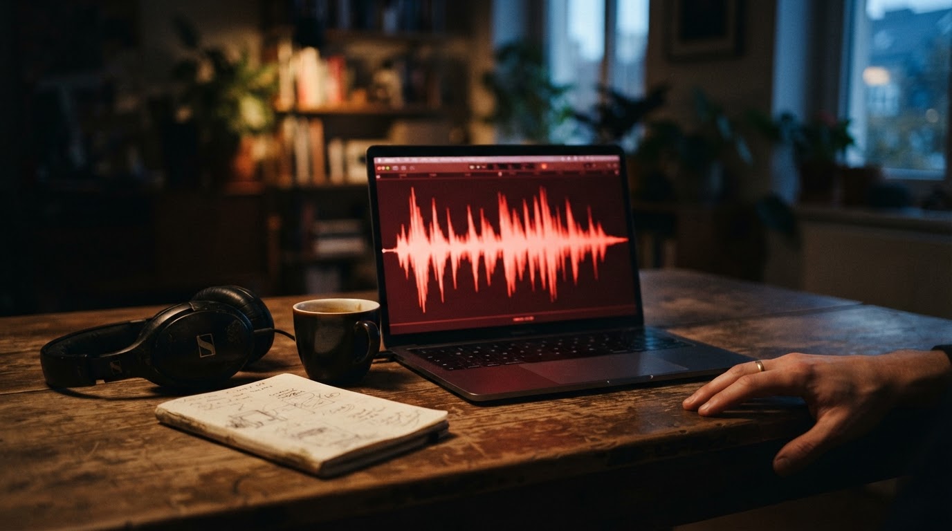 Laptop on a dark desk showing a live audio waveform, headphones and a notebook beside it