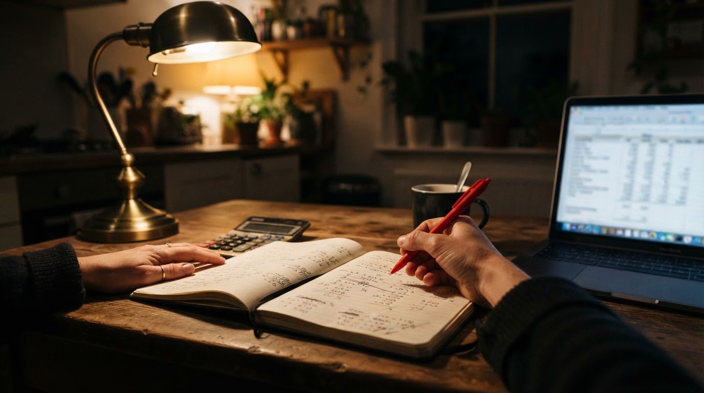Hands over a notebook of handwritten fee calculations beside a calculator and a laptop showing a pricing page
