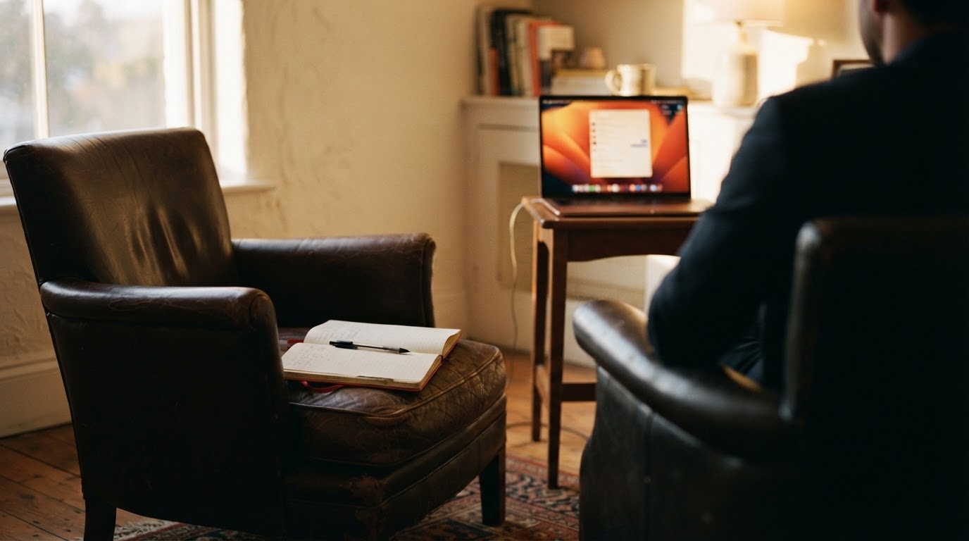 An empty coaching chair with an open notebook, a laptop chat window glowing out of focus behind it