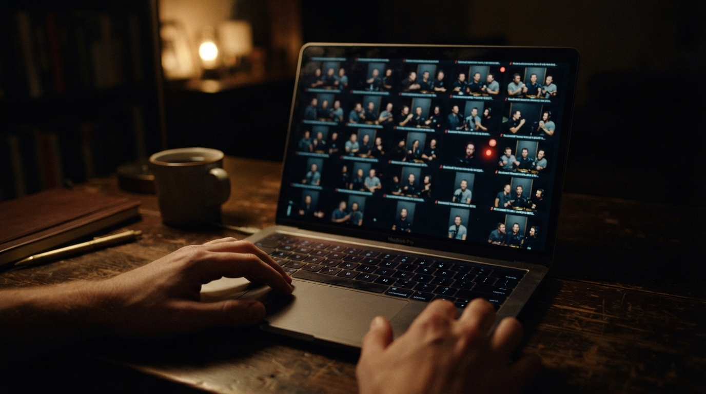Hands on a laptop showing a grid of near-identical vertical video clips cut from one recording.