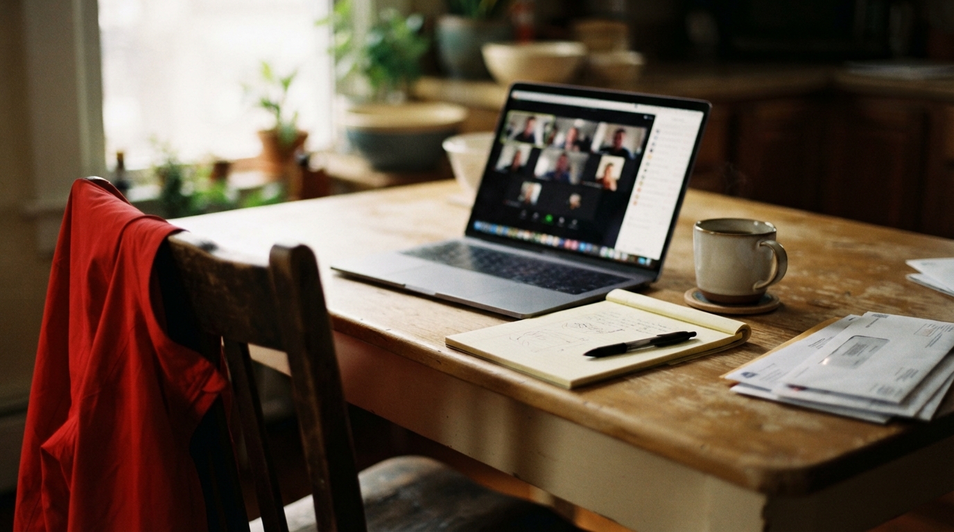 A laptop open to a blurred video call on a kitchen table beside a handwritten client list, coffee and a stack of bills