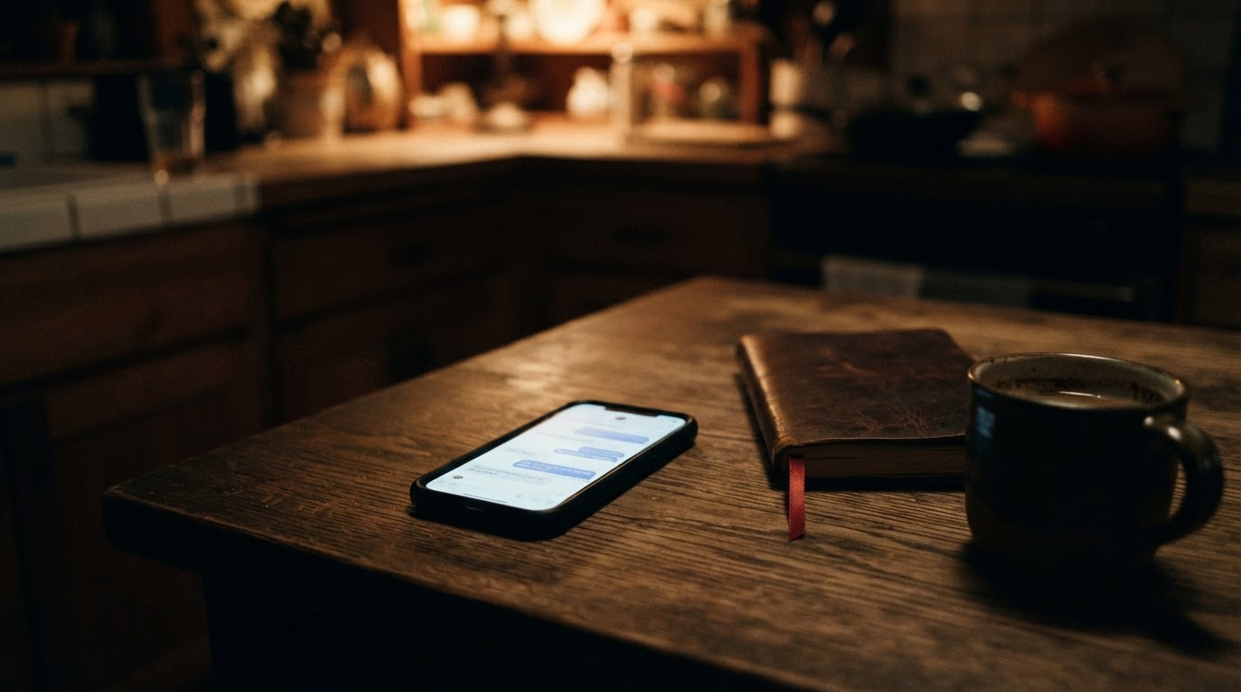 A glowing phone with an open chat app on a dark kitchen table next to a closed notebook and cold coffee