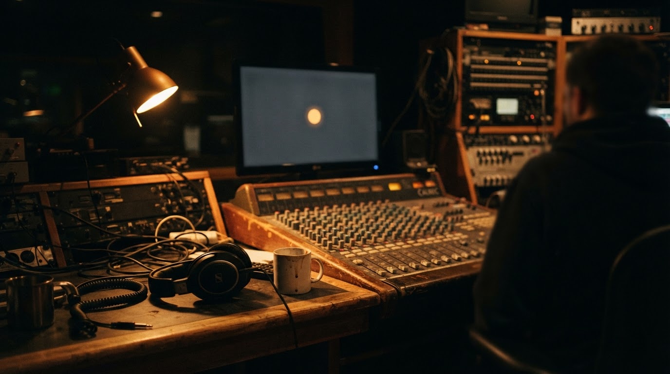 A dim broadcast control room at night with a single lit monitor, headset and coffee cup on the desk.