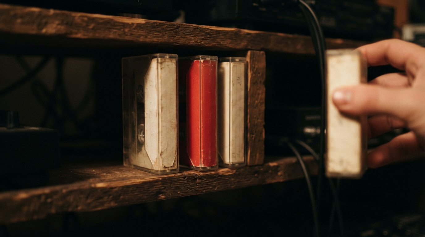 A three-slot shelf filled with cassette cases while a hand holds a fourth with nowhere to put it.