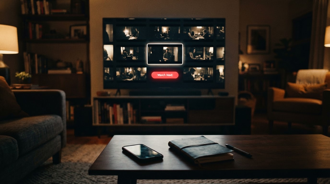 A smart TV in a dim living room displaying a grid of vertical video episodes with a Watch Next button, a phone and notebook on the table in front of it