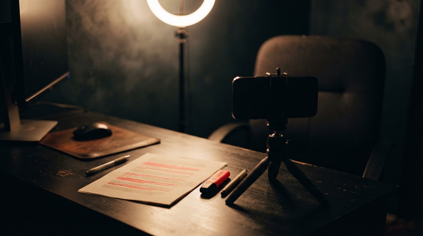 A ring light and phone on a tripod aimed at an empty chair, with a printed content brief on the desk beside them.