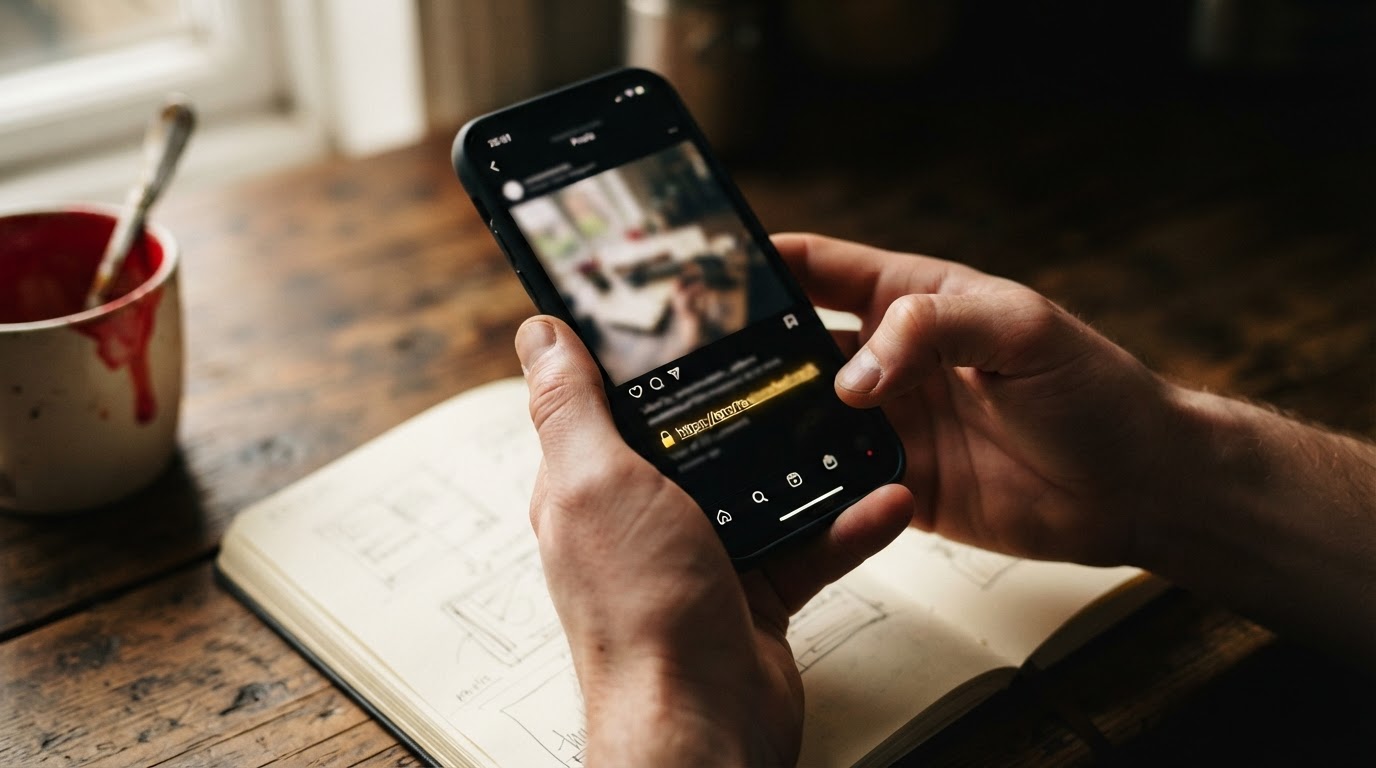 Hands holding a phone showing a social post caption with a link and a small gold padlock icon.