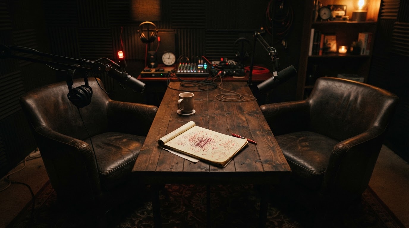 Empty podcast studio with a microphone under a red light and a notepad marked up in red pen