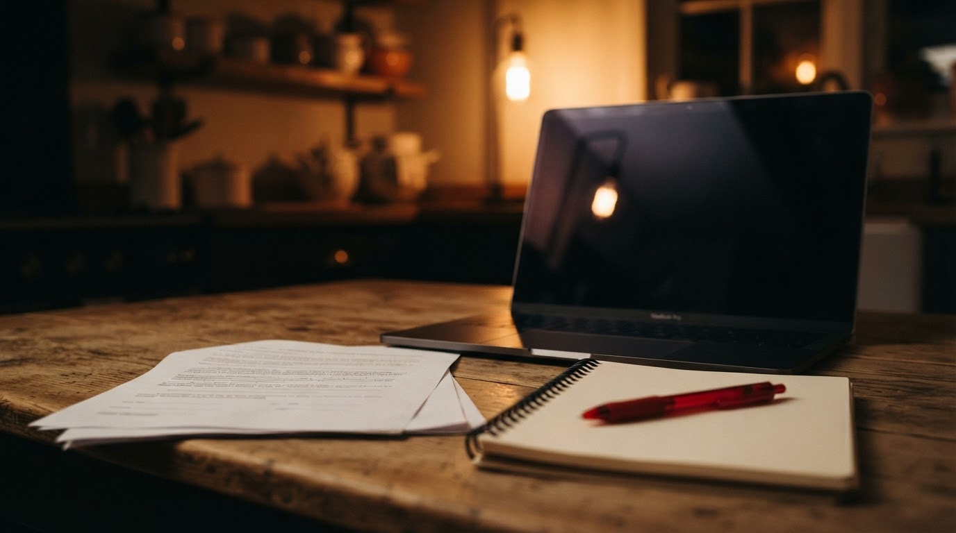 A dark, closed laptop on a kitchen table beside a printed contract and notebook in warm lamplight