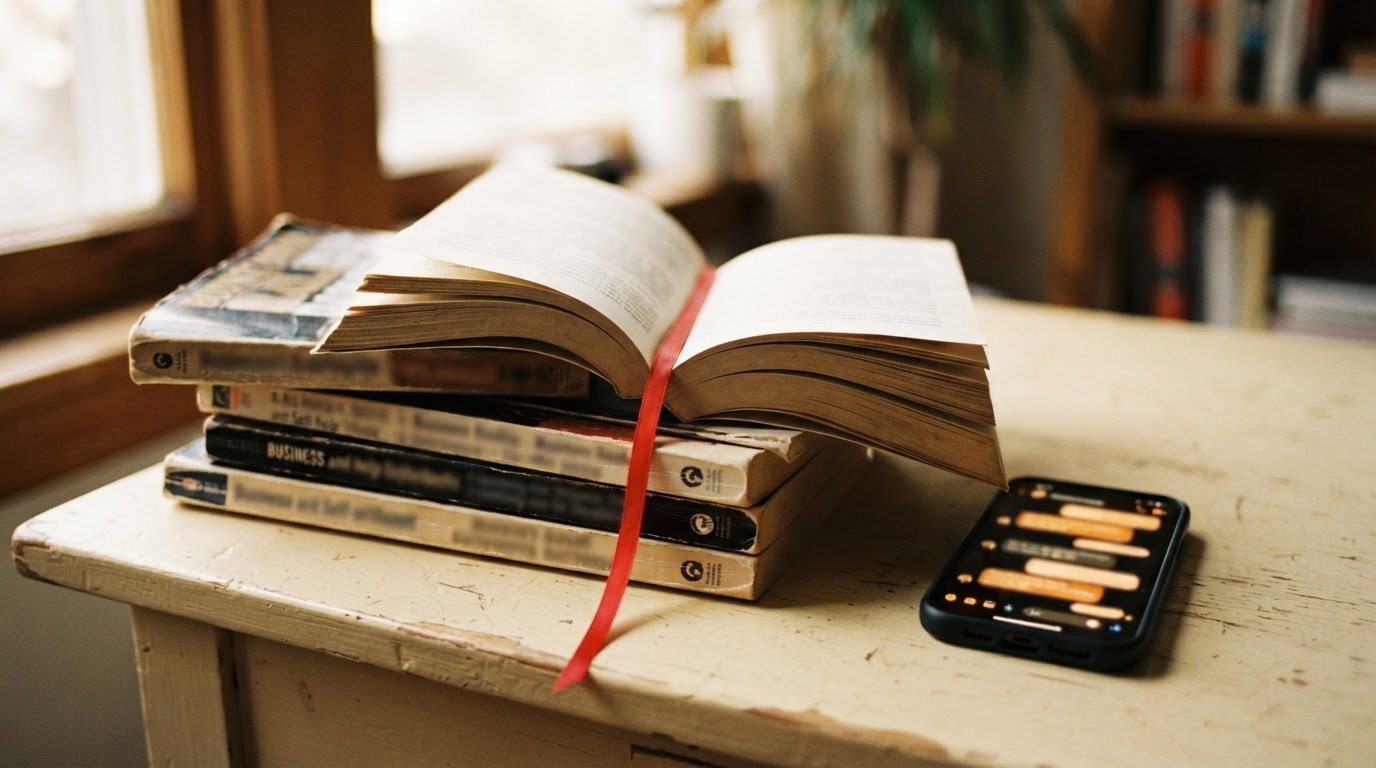 A stack of self-help paperbacks on a desk next to a glowing phone screen showing a chat interface.