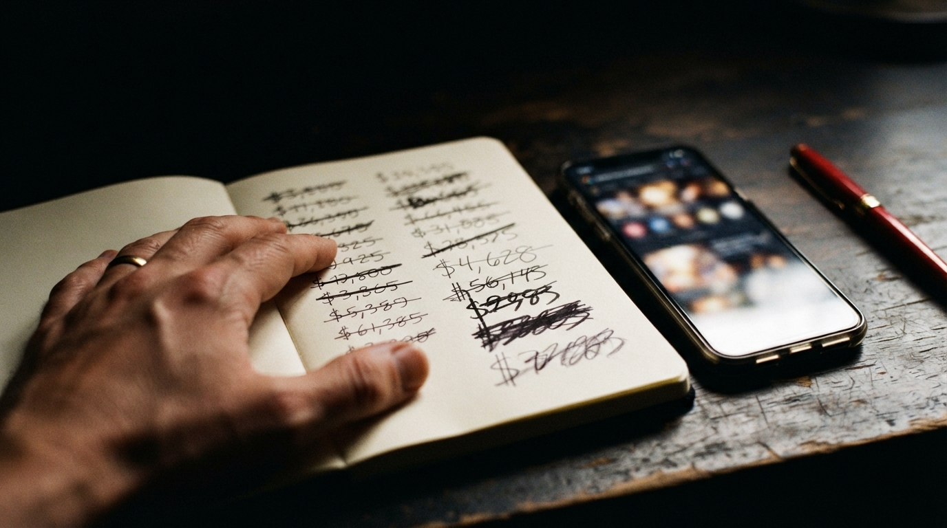 A notebook with escalating dollar figures crossed out and rewritten, beside a glowing phone screen on a dark desk.